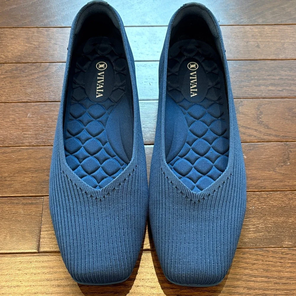 VIVAIA Margot Ballet Flats NWOB Square Toe V Cut Knit Navy Blue Size 40 (9-9.5) - Picture 2 of 13